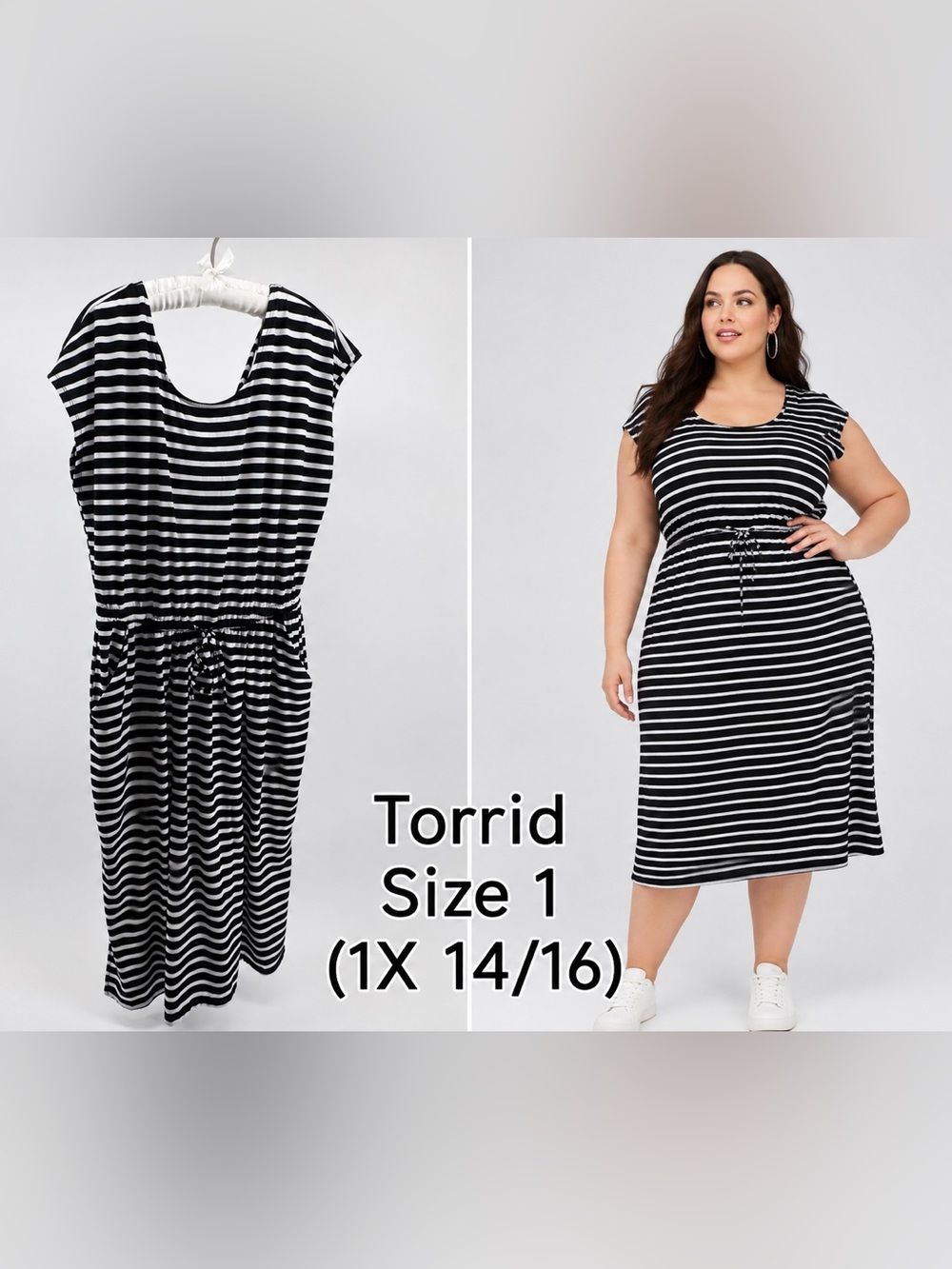 torrid Size 1 1X 14/16 Black White Striped Midi Dress Criss Cross Back Casual